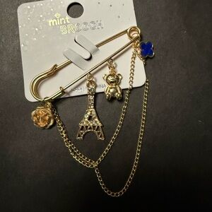 Mint Gold Charm Safety Pin Brooch with Blue Accent